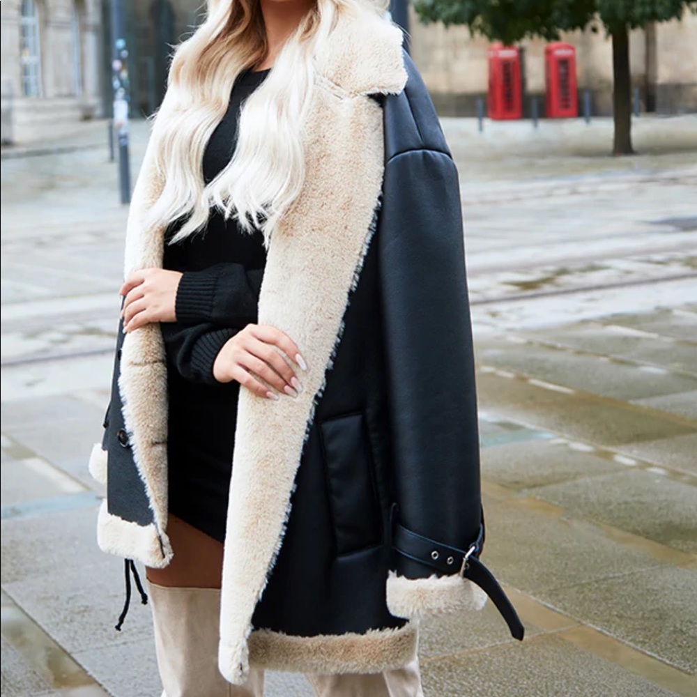 Black PU Leather Fur Jacket Vintage Style from PLT